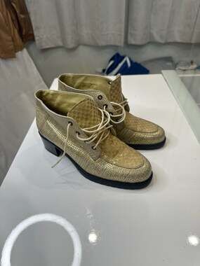 Vintage Prevata Italian Gold Leather Metallic Reptile Pattern Ankle Boots
